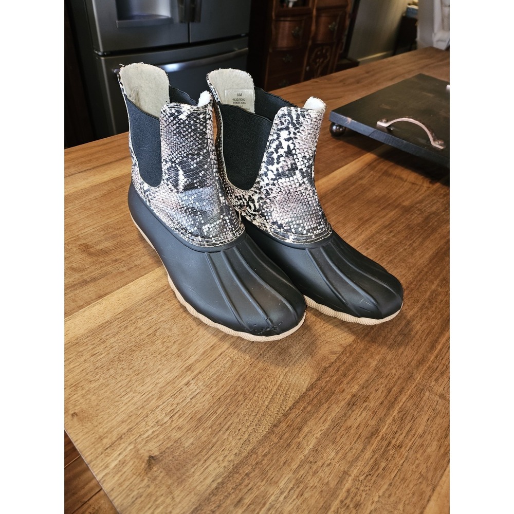 Black/Snakeskin Rain Short Boots. Size 8